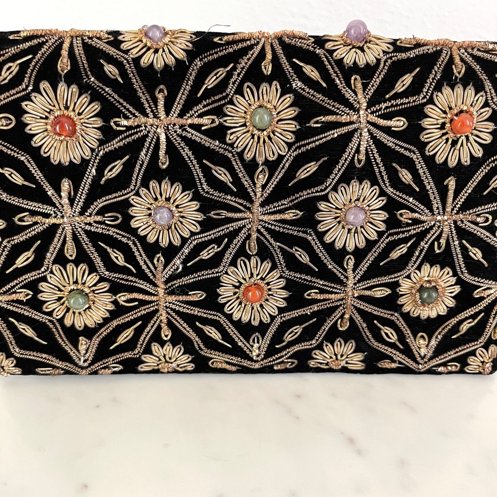 Vintage Zardozi Embroidered Jeweled Purse Evening Bag Black Velvet Gold Bouillon